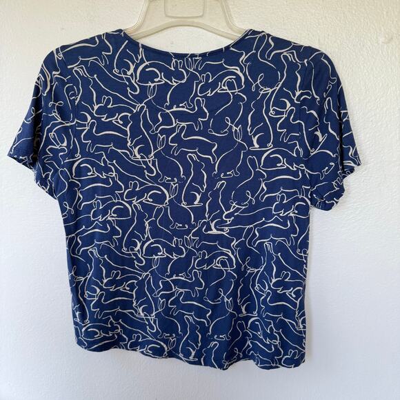 Anthropologie Blue all-over bunny rabbit doodle print Size S - Picture 8 of 10